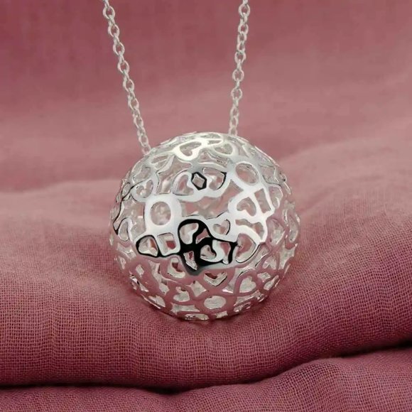 Hollow Heart Ball Sphere Pendant Silver Necklace & 18" Chain - Picture 8 of 9